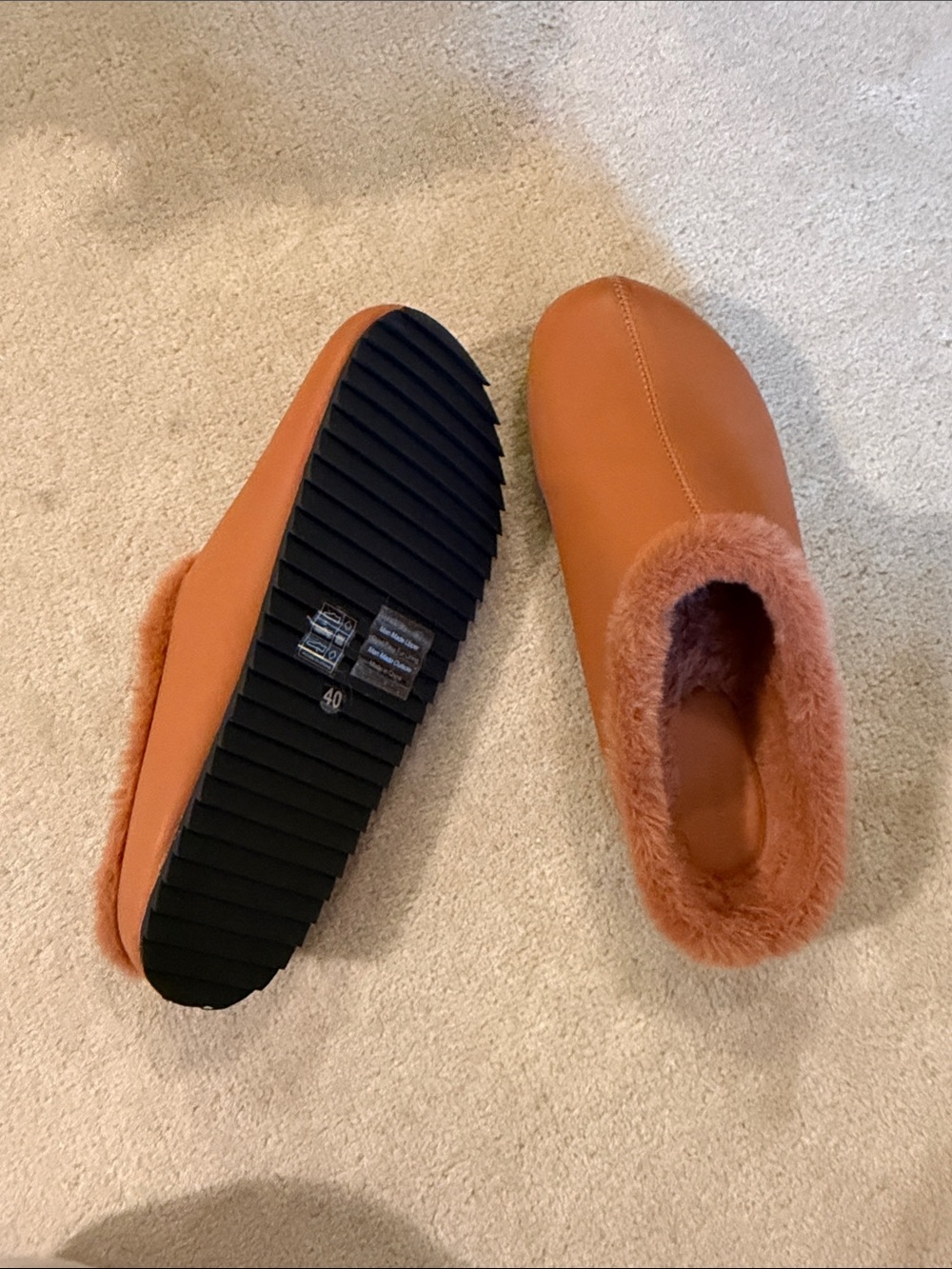 WeWoreWjay Cozy Faux Fur-Lined Mule Slippers in Rust - Vegan Leather